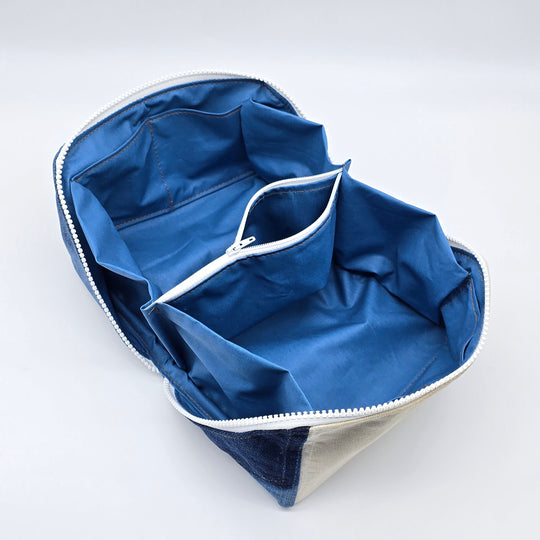 Trousse de toilette - grand carré - denim bleu et beige - intérieur bleu
