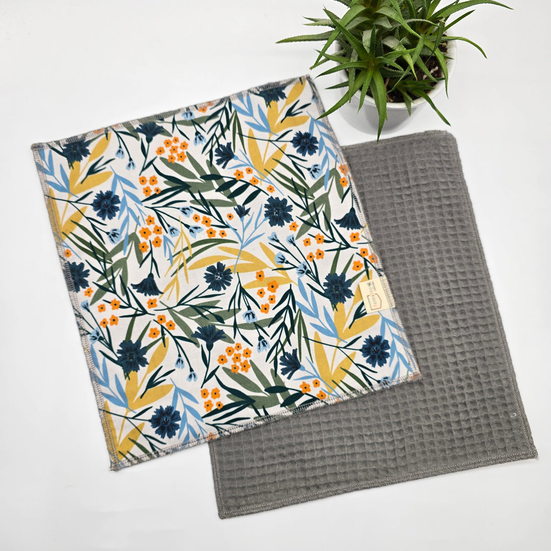 Essuie-tout lavable - fleurs bleues jaunes et oranges (intérieur gris) - lot de 8 feuilles