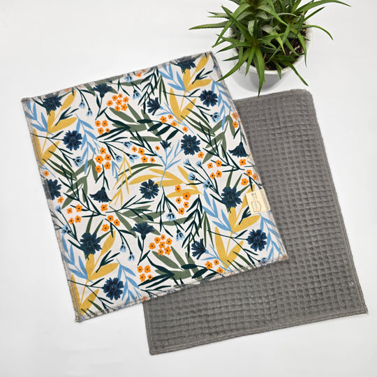 Essuie-tout lavable - fleurs bleues jaunes et oranges (intérieur gris) - lot de 8 feuilles