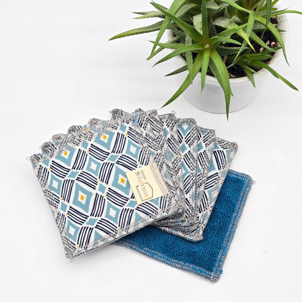 Lingettes démaquillantes lavables - lot de 8 -  turquoise géométrique - bambou bleu canard