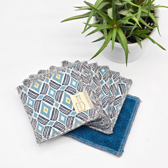 Lingettes démaquillantes lavables - lot de 8 -  turquoise géométrique - bambou bleu canard