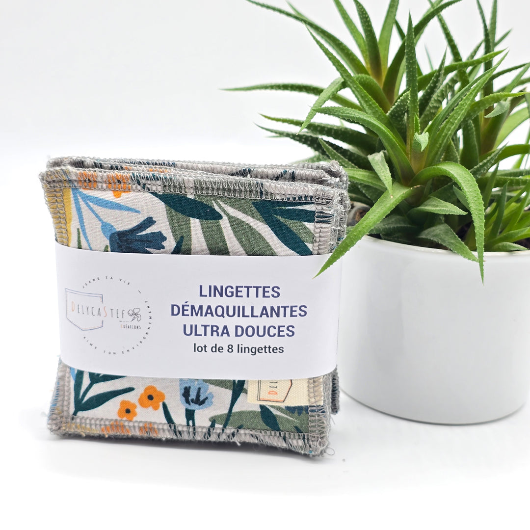 Lingettes démaquillantes lavables - lot de 8 - blanc fleurs bleues et oranges - bambou anthracite