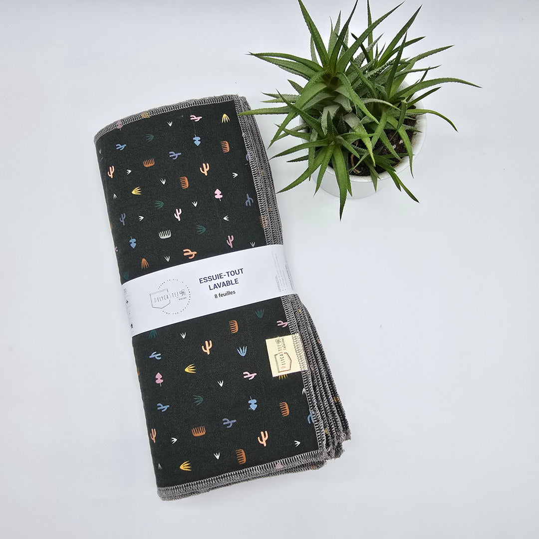 Essuie-tout lavable - vert et cactus (intérieur gris) - lot de 8 feuilles