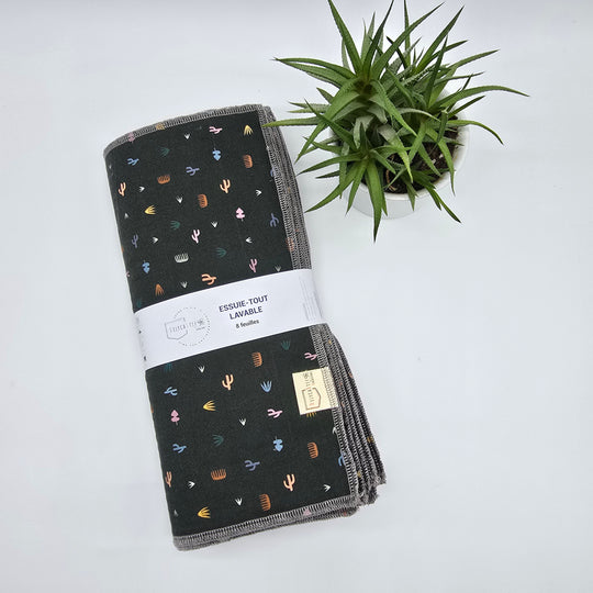 Essuie-tout lavable - vert et cactus (intérieur gris) - lot de 8 feuilles