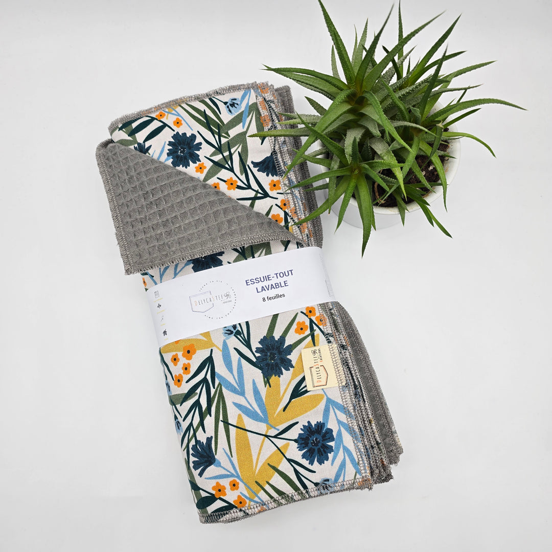Essuie-tout lavable - fleurs bleues jaunes et oranges (intérieur gris) - lot de 8 feuilles
