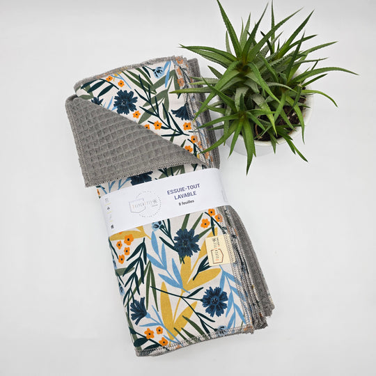 Essuie-tout lavable - fleurs bleues jaunes et oranges (intérieur gris) - lot de 8 feuilles