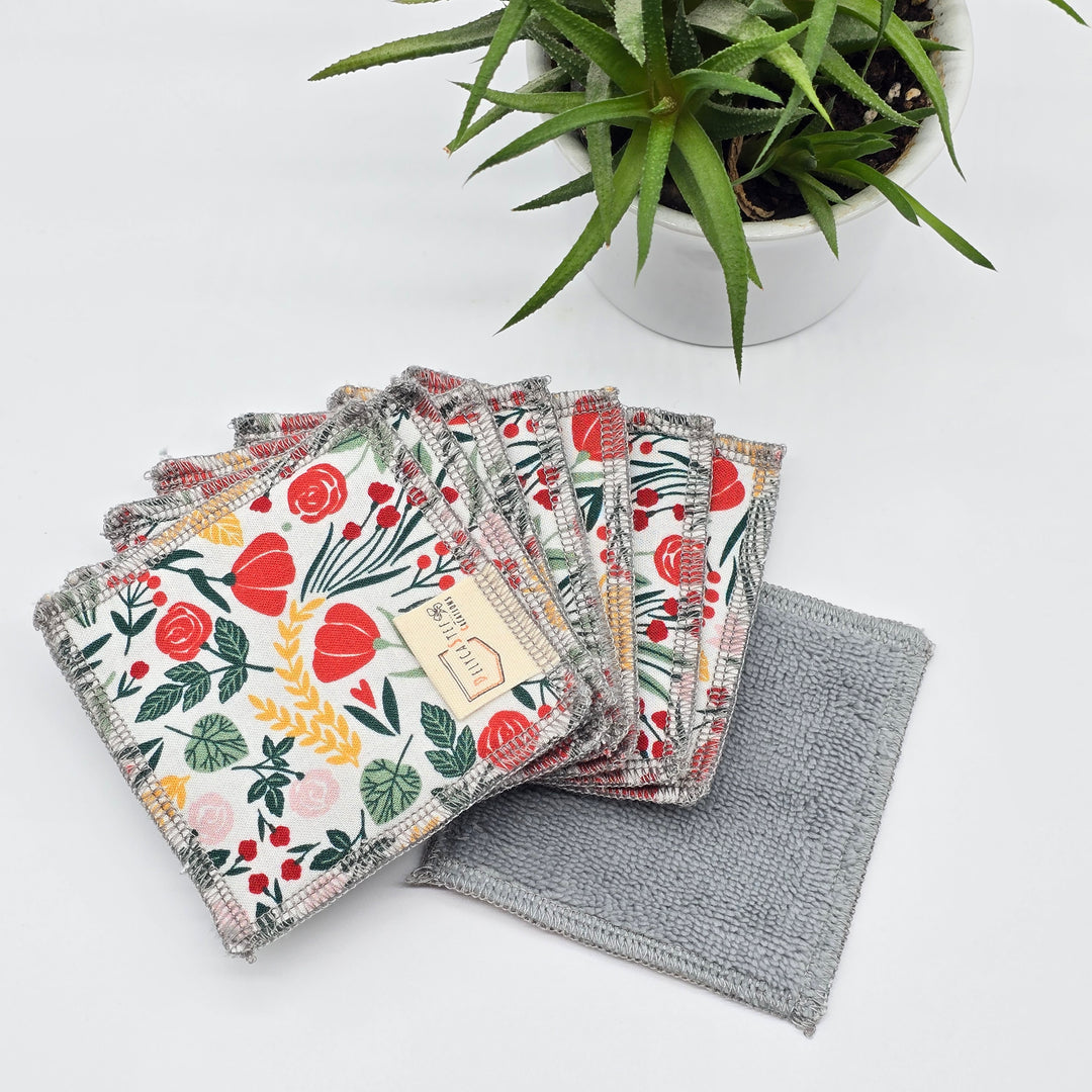 Lingettes démaquillantes lavables - lot de 8 - blanc fleurs rouges et jaunes - bambou anthracite