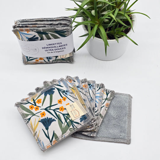 Lingettes démaquillantes lavables - lot de 8 - blanc fleurs bleues et oranges - bambou anthracite