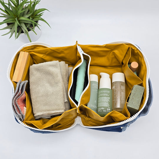 Trousse de toilette - grand carré - denim bleu - intérieur jaune