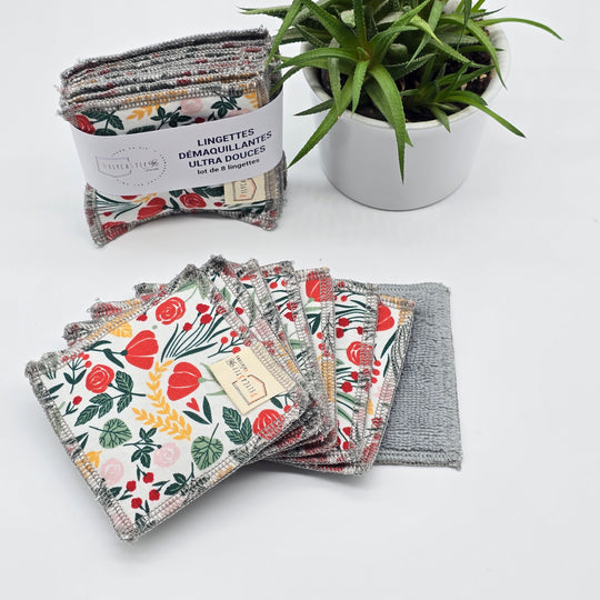 Lingettes démaquillantes lavables - lot de 8 - blanc fleurs rouges et jaunes - bambou anthracite