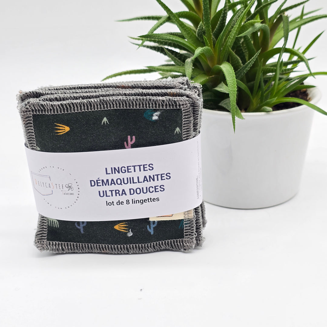 Lingettes démaquillantes lavables - lot de 8 - vert cactus - bambou anthracite