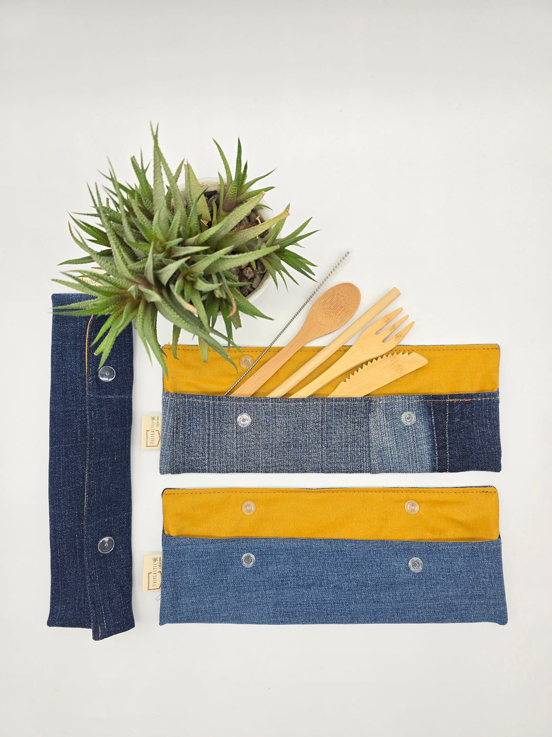 Pochette ustensiles / brosse à dents - interieur jaune denim bleu