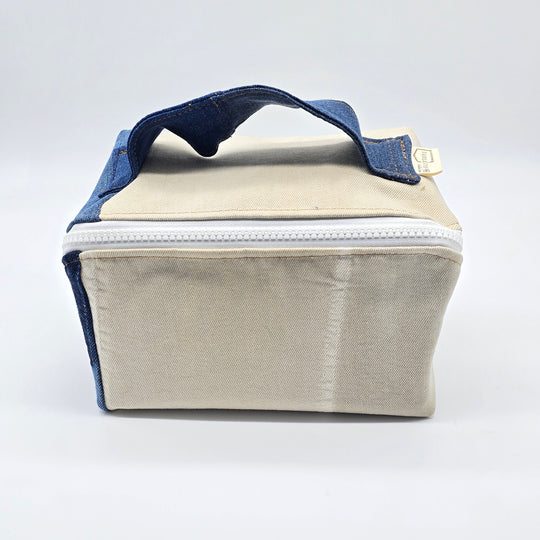 Trousse de toilette - grand carré - denim bleu et beige - intérieur bleu