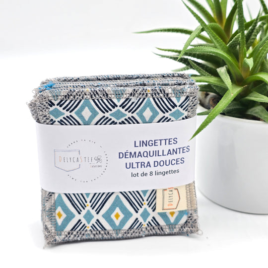 Lingettes démaquillantes lavables - lot de 8 -  turquoise géométrique - bambou bleu canard