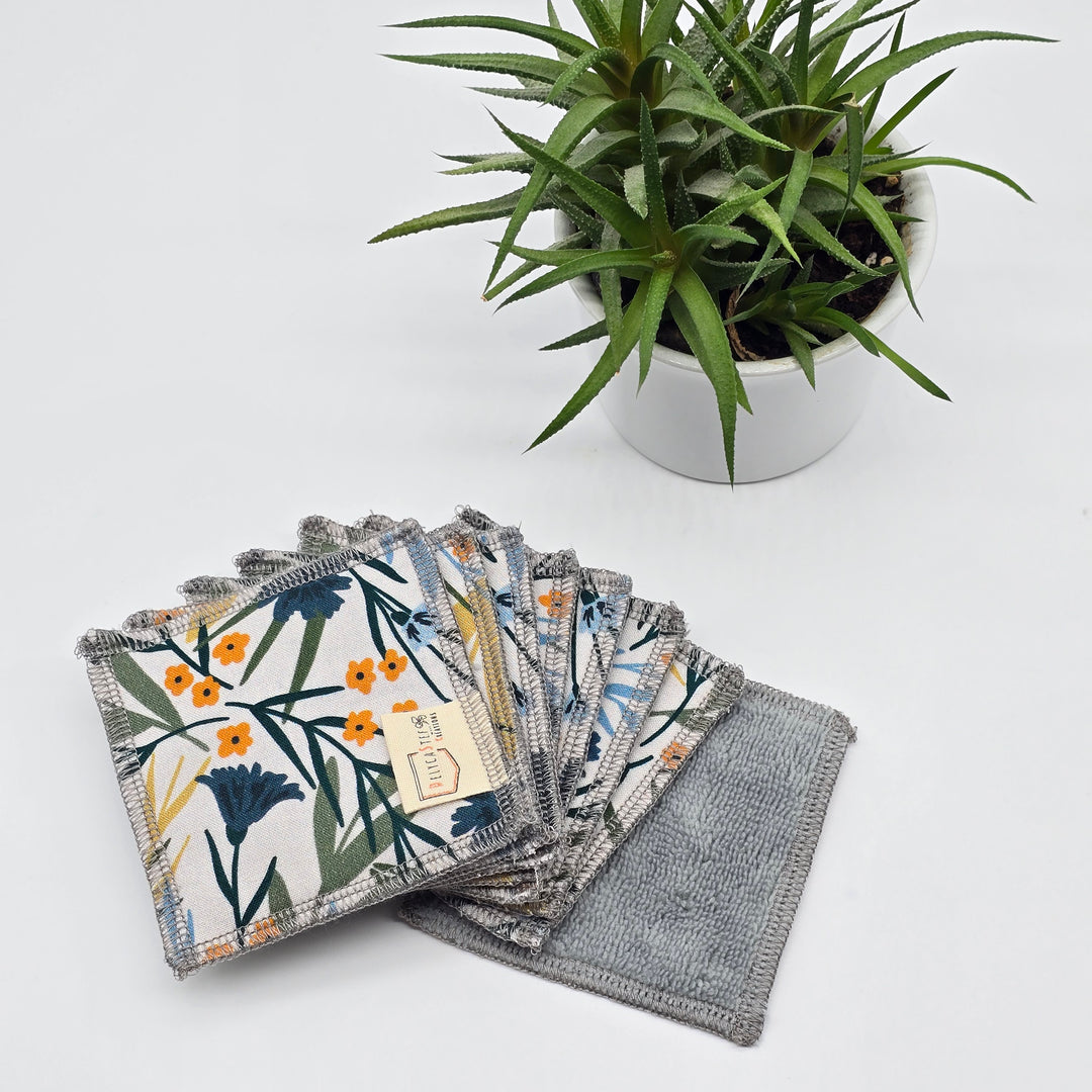 Lingettes démaquillantes lavables - lot de 8 - blanc fleurs bleues et oranges - bambou anthracite