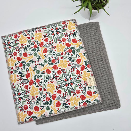 Essuie-tout lavable - fleurs rouges et jaunes (intérieur gris) - lot de 8 feuilles