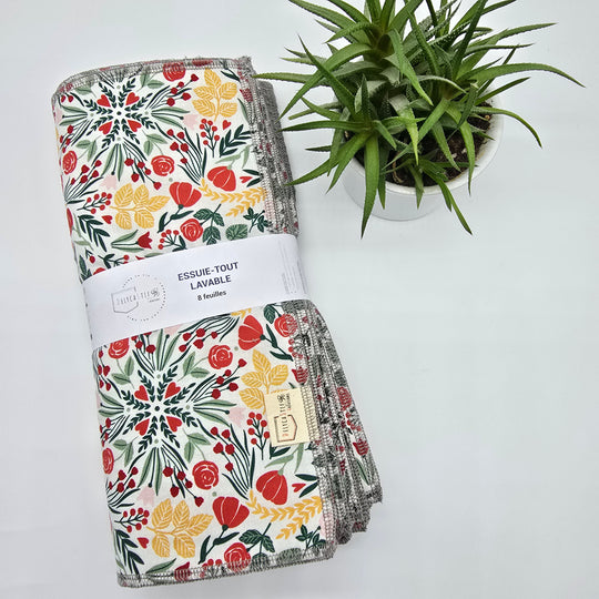 Essuie-tout lavable - fleurs rouges et jaunes (intérieur gris) - lot de 8 feuilles