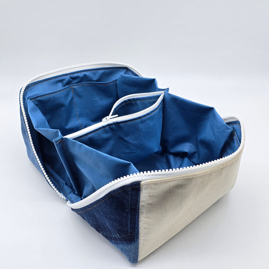 Trousse de toilette - grand carré - denim bleu et beige - intérieur bleu