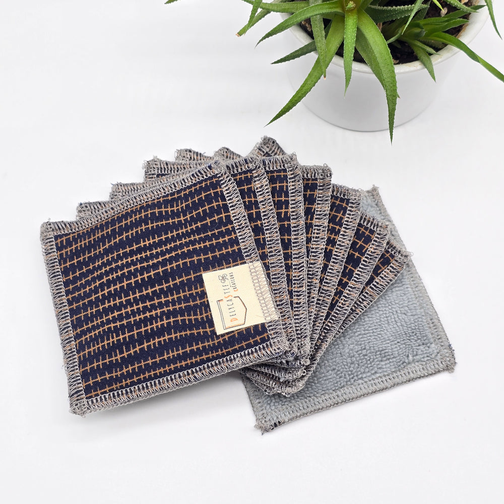 Lingettes démaquillantes lavables - lot de 8 - bleu lignes dorées - bambou anthracite