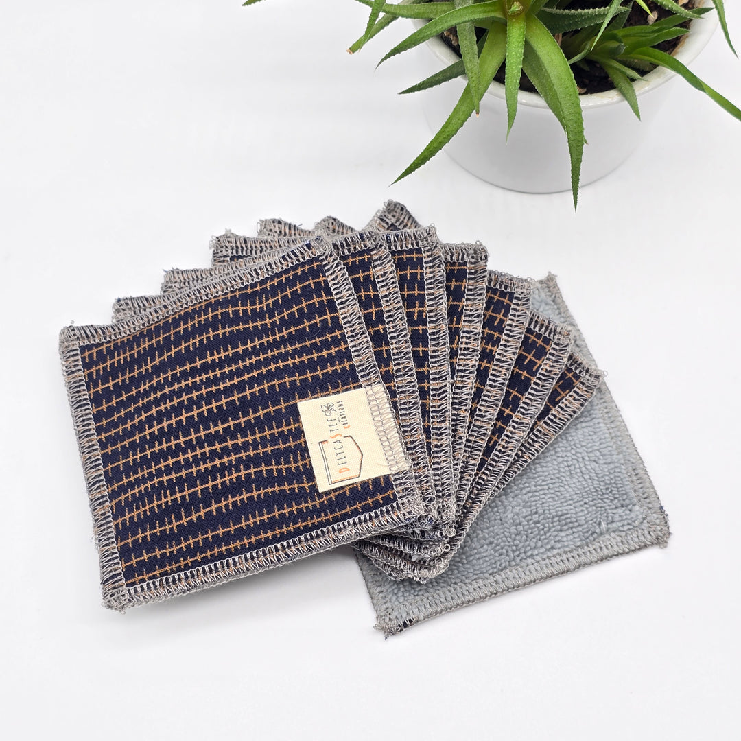 Lingettes démaquillantes lavables - lot de 8 - bleu lignes dorées - bambou anthracite