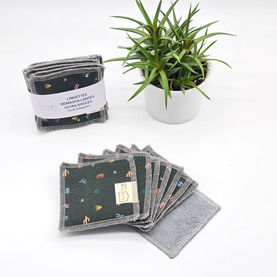Lingettes démaquillantes lavables - lot de 8 - vert cactus - bambou anthracite