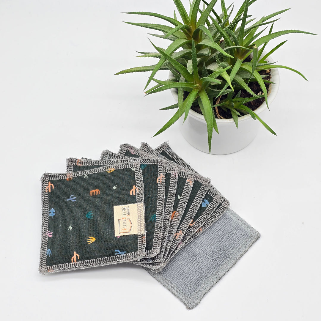 Lingettes démaquillantes lavables - lot de 8 - vert cactus - bambou anthracite