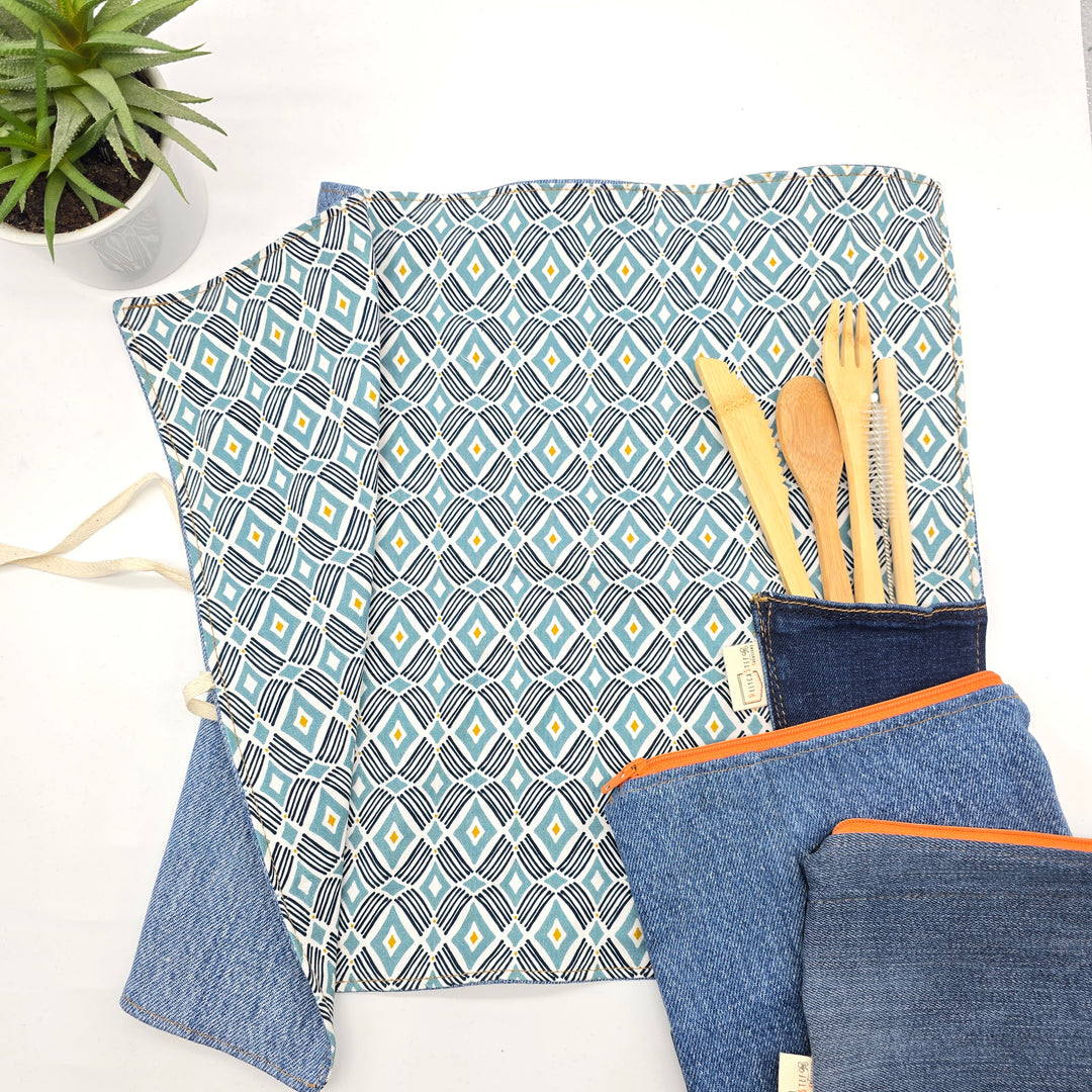 Napperon - jean recyclé - turquoise géométrique