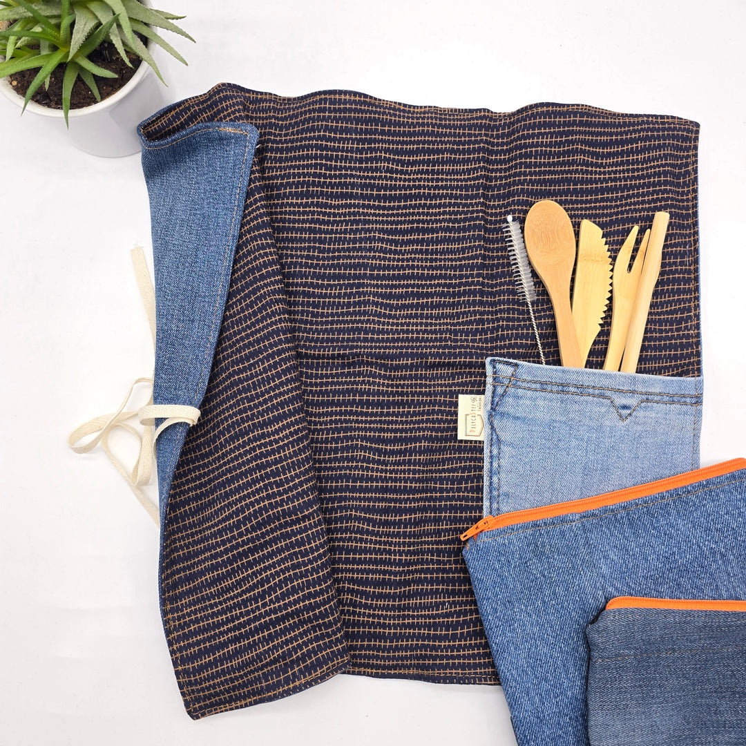 Napperon - jean recyclé - bleu lignes dorées