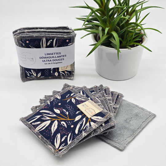 Lingettes démaquillantes lavables - lot de 8 - bleu feuilles dorées - bambou anthracite