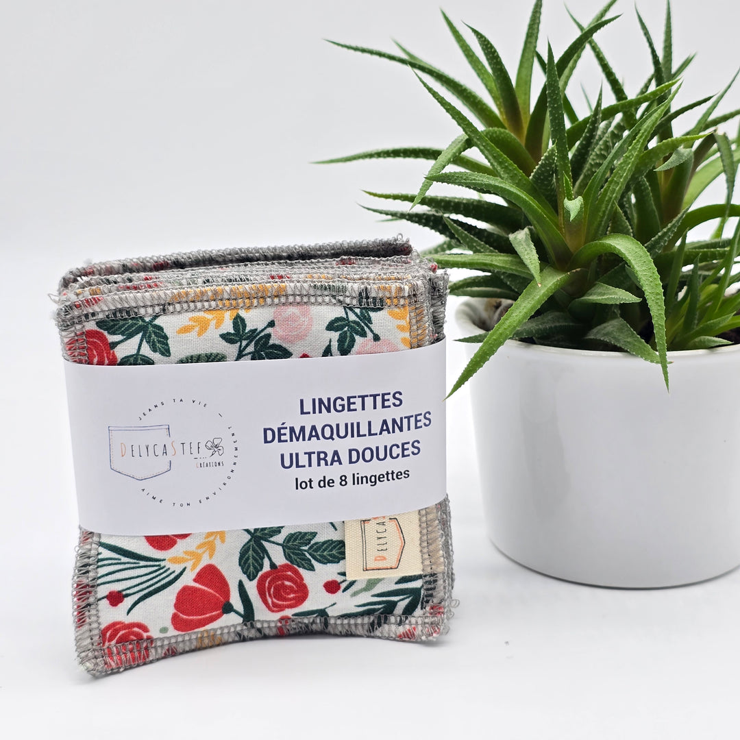 Lingettes démaquillantes lavables - lot de 8 - blanc fleurs rouges et jaunes - bambou anthracite