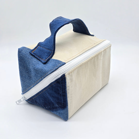Trousse de toilette - grand carré - denim bleu et beige - intérieur bleu