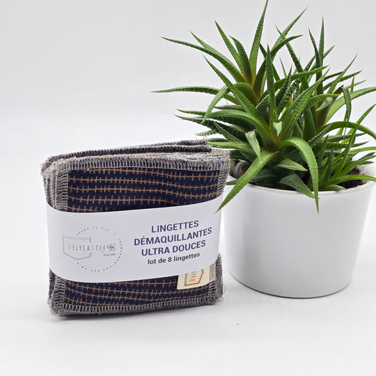 Lingettes démaquillantes lavables - lot de 8 - bleu lignes dorées - bambou anthracite