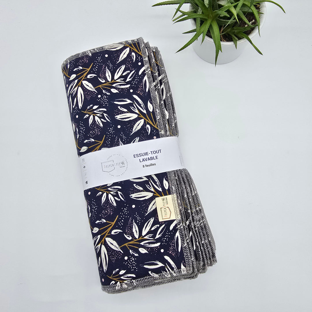 Essuie-tout lavable - bleu feuilles blanches et dorées (intérieur gris) - lot de 8 feuilles