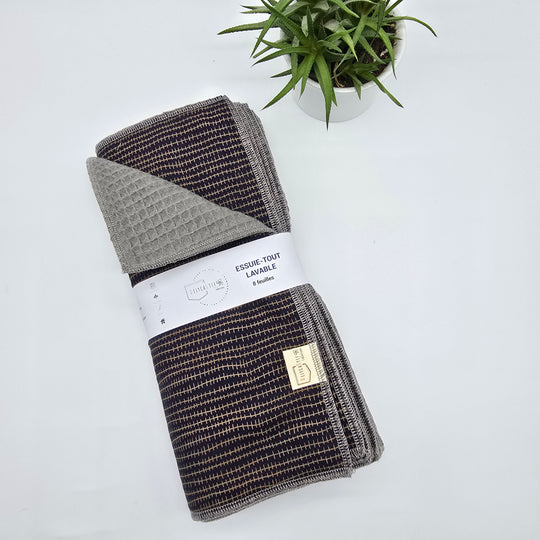 Essuie-tout lavable - bleu lignes dorées (intérieur gris) - lot de 8 feuilles