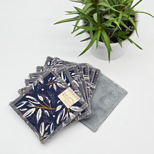 Lingettes démaquillantes lavables - lot de 8 - bleu feuilles dorées - bambou anthracite