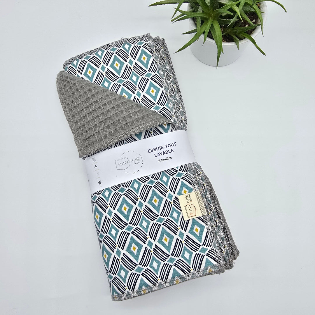 Essuie-tout lavable - losanges turquoises (intérieur gris) - lot de 8 feuilles