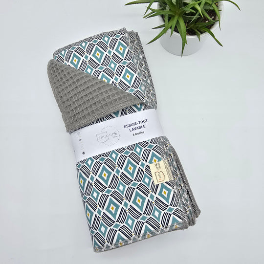 Essuie-tout lavable - losanges turquoises (intérieur gris) - lot de 8 feuilles