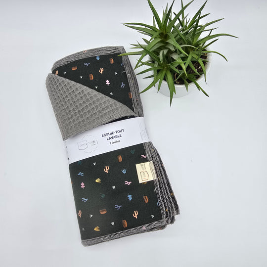 Essuie-tout lavable - vert et cactus (intérieur gris) - lot de 8 feuilles
