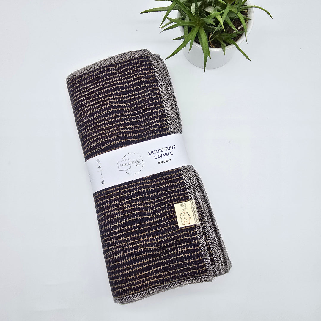 Essuie-tout lavable - bleu lignes dorées (intérieur gris) - lot de 8 feuilles