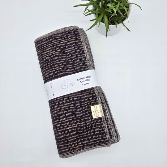 Essuie-tout lavable - bleu lignes dorées (intérieur gris) - lot de 8 feuilles