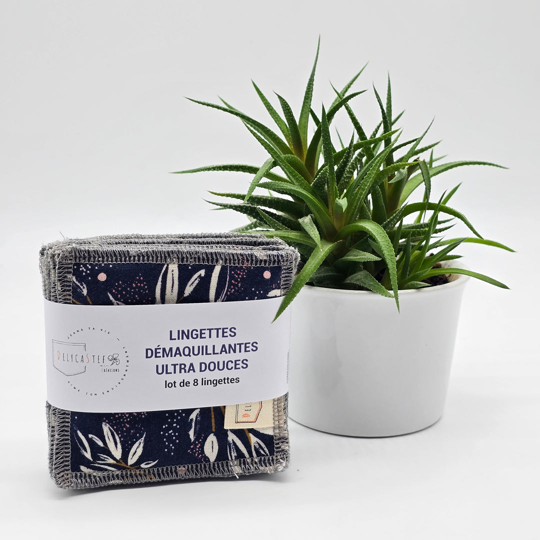 Lingettes démaquillantes lavables - lot de 8 - bleu feuilles dorées - bambou anthracite