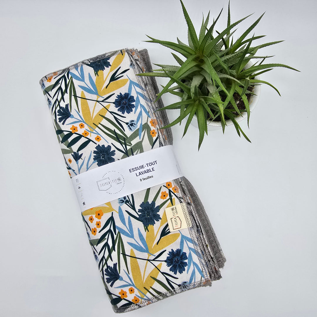 Essuie-tout lavable - fleurs bleues jaunes et oranges (intérieur gris) - lot de 8 feuilles