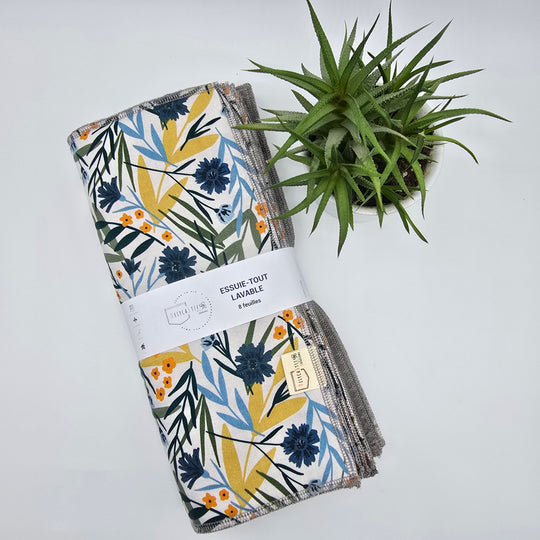 Essuie-tout lavable - fleurs bleues jaunes et oranges (intérieur gris) - lot de 8 feuilles