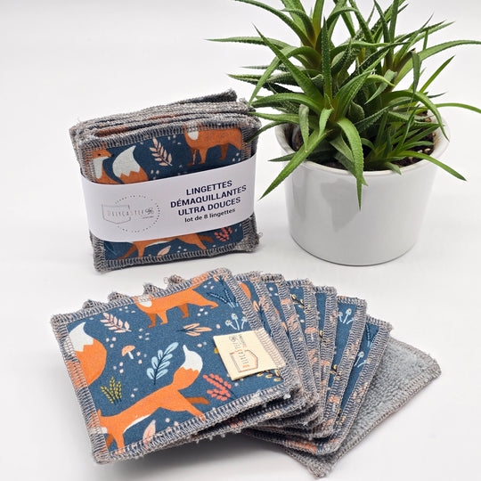 Lingettes démaquillantes lavables - lot de 8 - renard - bambou anthracite