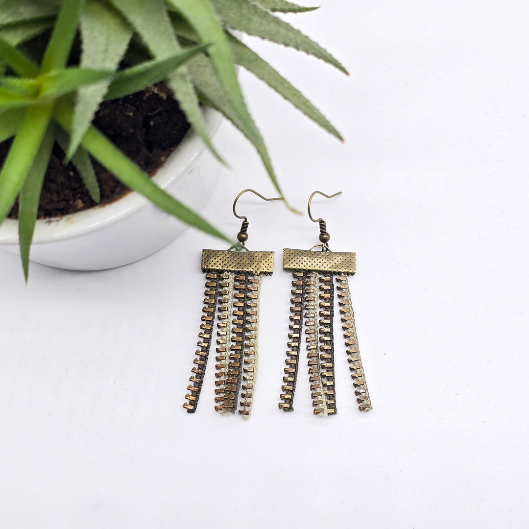Boucles d'oreille - pendante - zipper 4 brins - kaki et vert