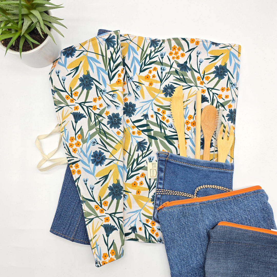 Napperon - jean recyclé - fleurs oranges bleues jaunes et vertes