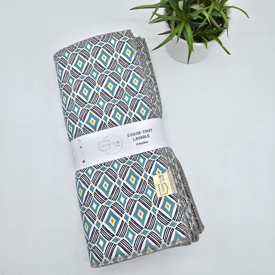Essuie-tout lavable - losanges turquoises (intérieur gris) - lot de 8 feuilles