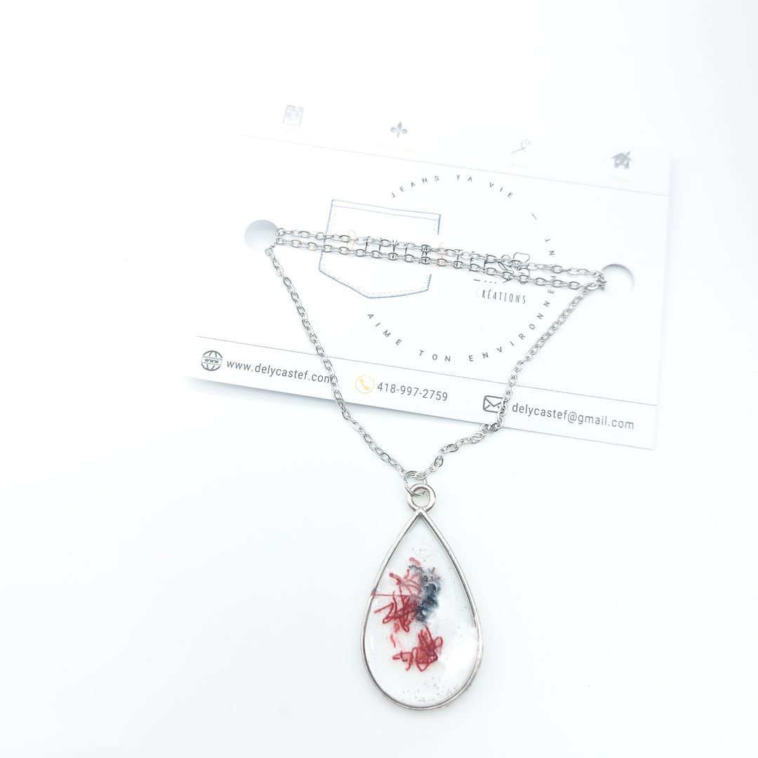 Collier- pendentif goutte d'eau et jeans denim et rouge - argent