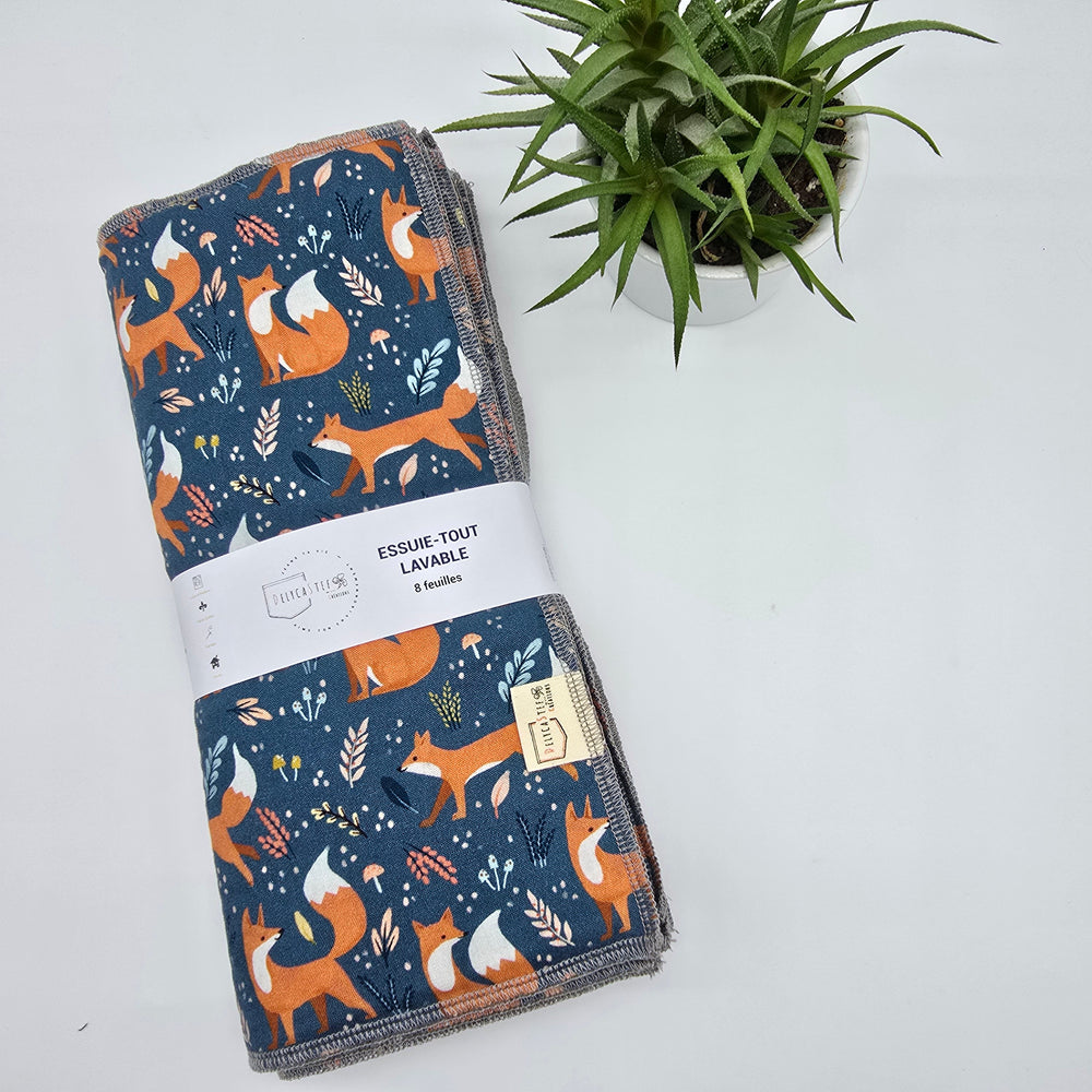 Essuie-tout lavable - renard (intérieur gris) - lot de 8 feuilles