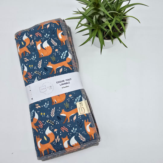 Essuie-tout lavable - renard (intérieur gris) - lot de 8 feuilles